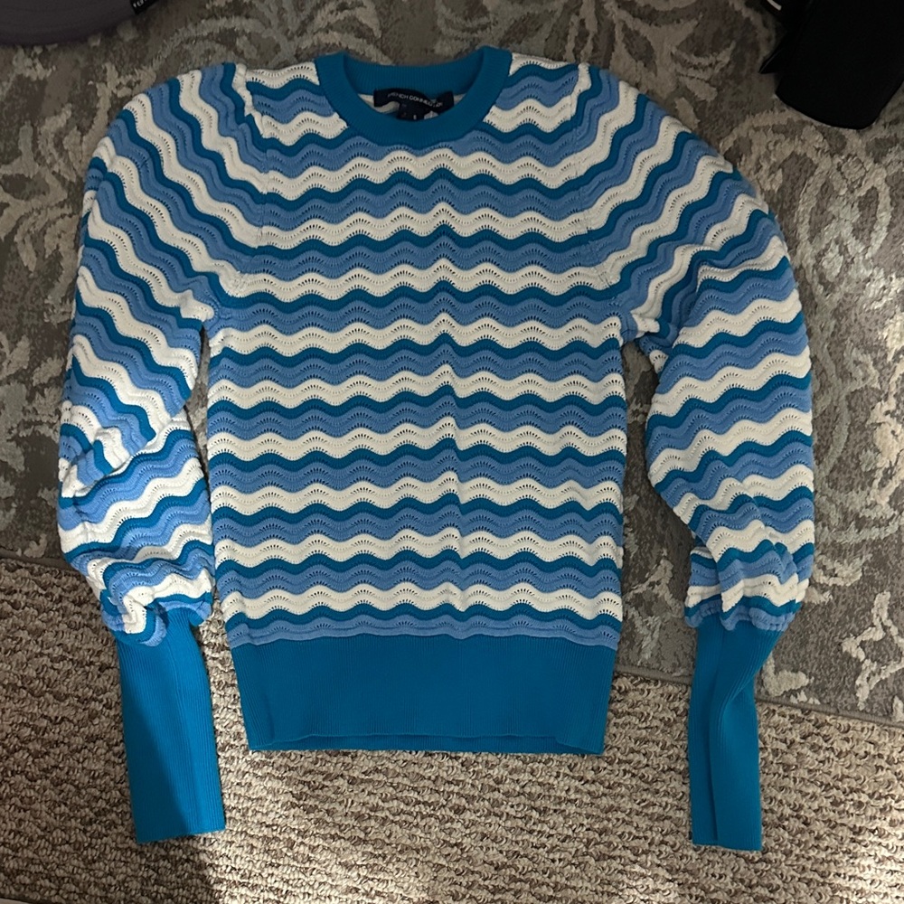 French Connection Teal and White Wave Knit Sweater